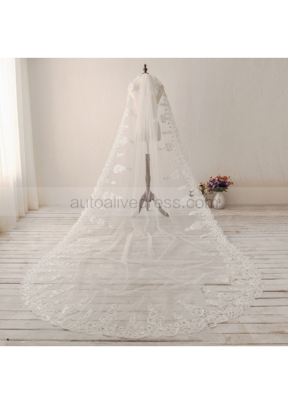 Ivory Sequin Lace Cathedral Wedding Veil Bridal Veil